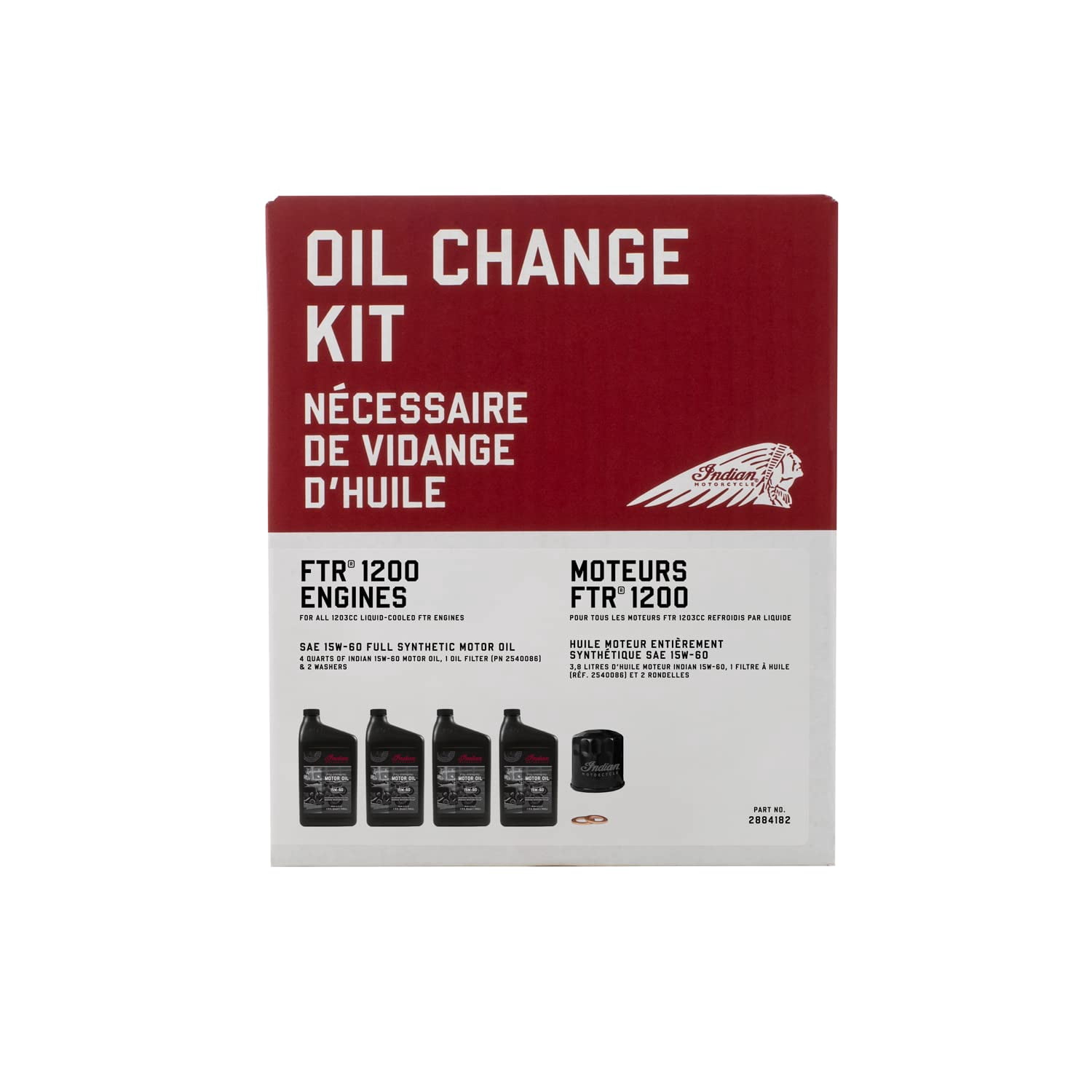 Indian Motorcycle Oil Change Kit for Specific FTR Models Including 1200, S, Rally, Sport, Carbon and More, Includes 4 Quarts 15W-60 Full Synthetic Oil, 1 Oil Filter, 2 Washers - 2884182