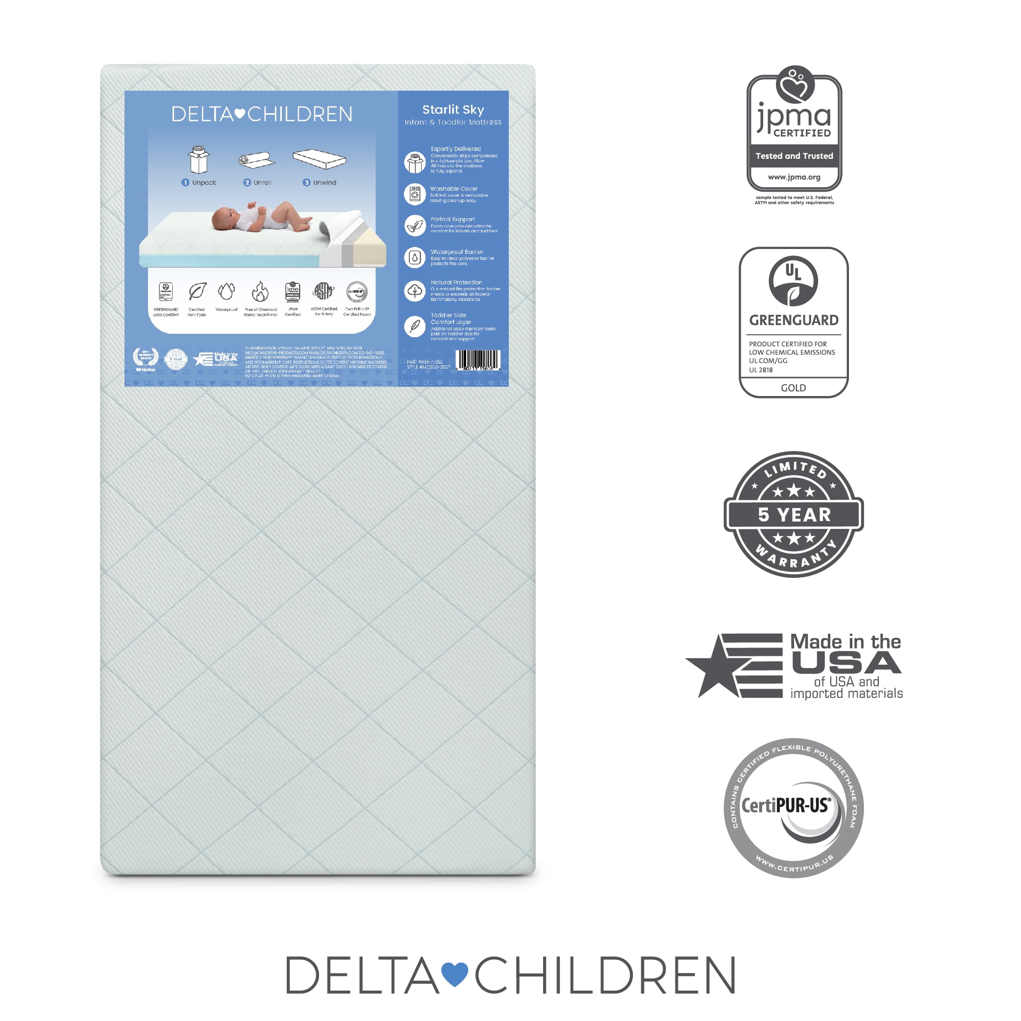 Delta Children Starlit Sky 2-Stage Crib and Toddler Mattress – GREENGUARD Gold Certified, CertiPUR-US Certified Foam, Machine Washable Cover, Waterproof Barrier, Made in USA, Blue