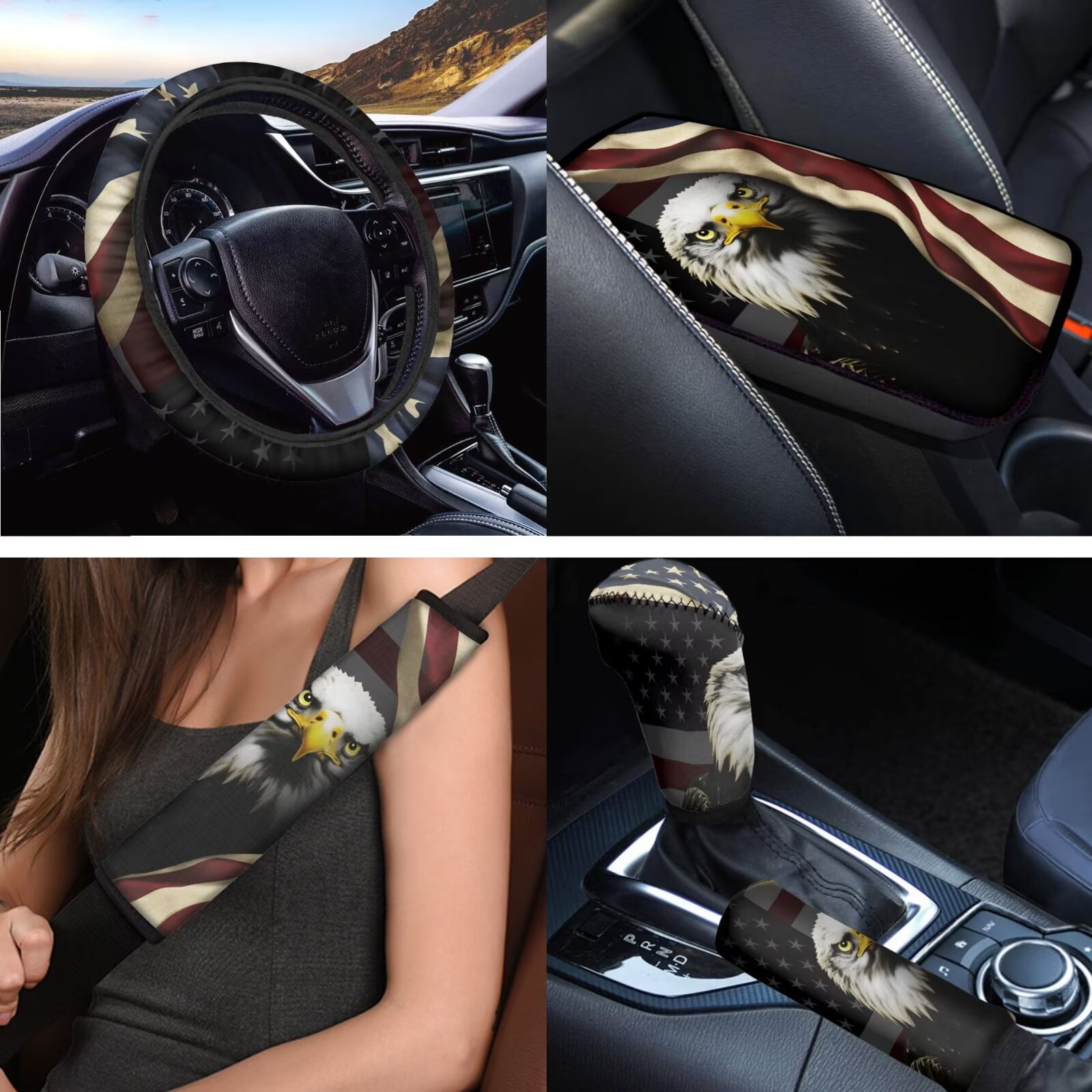 Uorisanigo American Flag Eagle Car Seat Covers Set with Wheel Cover Protector/Seat Belt Strap Pads/Center Console Cover/Headrest/Gear Shift & Handbrake Covers/Cup Coasters/Keychain,18 Packs