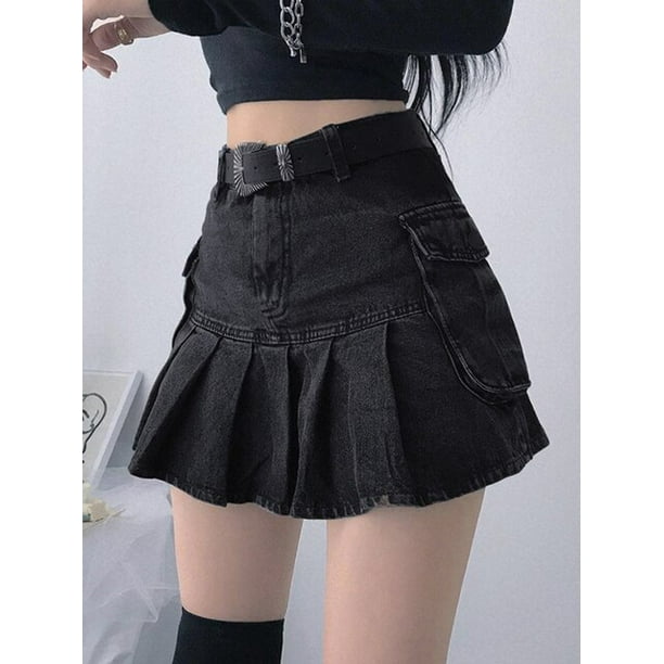 AltGoth Harajuku Y2k Denim Skirt Women Dark Gothic Streetwear Mini Skirt  with Skull Belt Mall Goth Punk Grunge Sexy Emo Clubwear 
