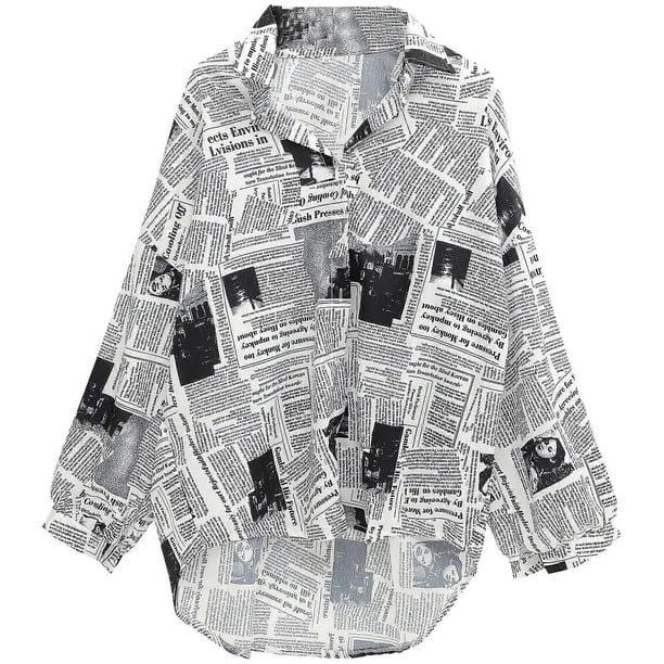 Women Fashion Newspaper Shirt Single-breasted Blouse Lapel Long-sleeved for Summer Spring (Black, Size XL)
