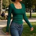 thumbnail image 7 of Tqcoqu Women's Square Neck Ribbed Knit Long Sleeve Crop Top,Slim Fit Stretchy Soft Basic Casual Going Out Tee Shirts,Green Women's S-XXXL, 7 of 7