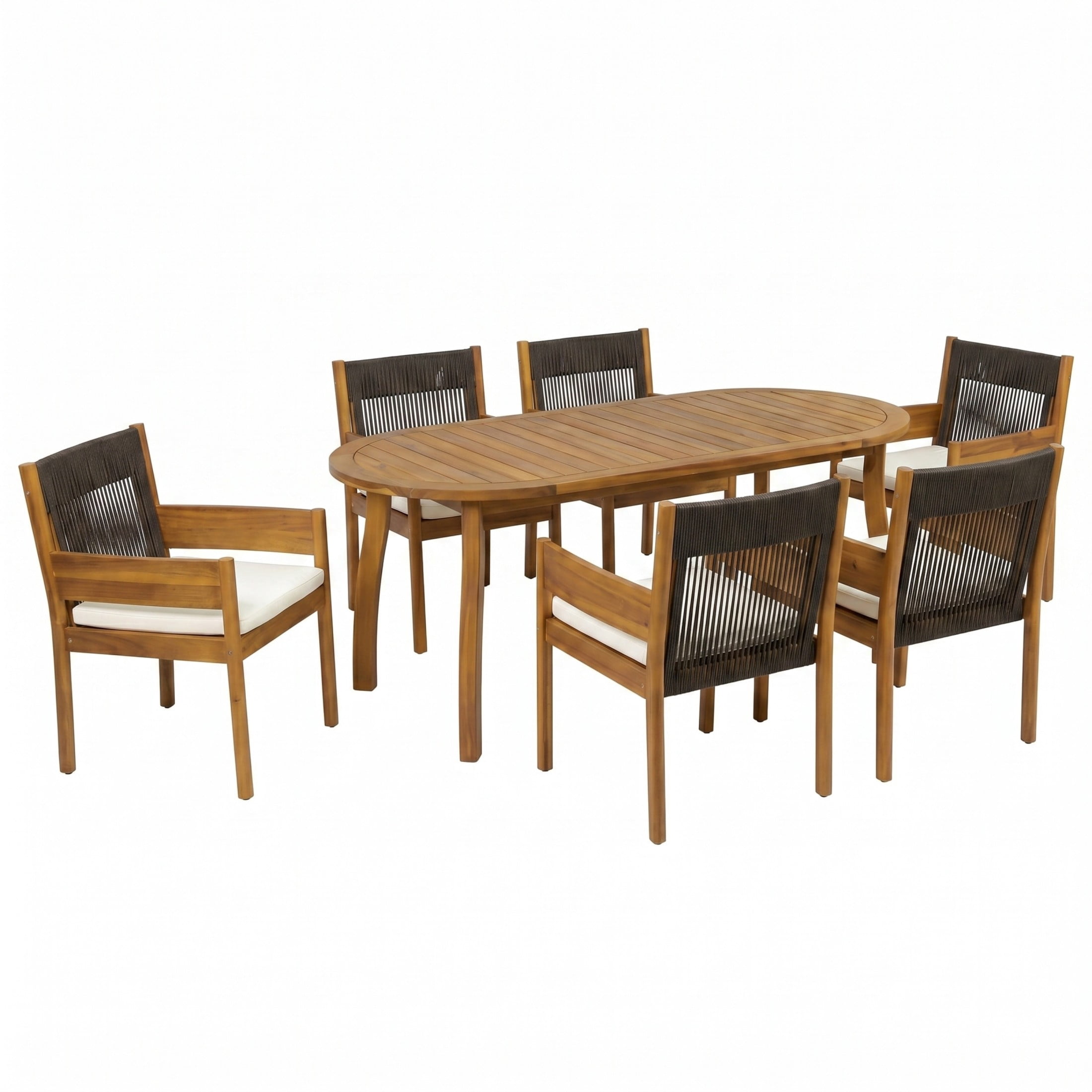 Christopher Knight Home 7-Piece Wood Patio Dining Set, 70" Oval Table with 6 Rope Chairs, Teak+Black