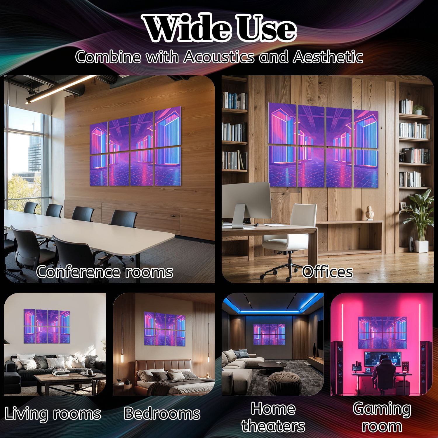 8 Pack Art Acoustic Panels Sound Absorbing render blue pink violet neon abstract light night club empty Decorative Soundproof Wall Panels Self Adhesive for Nursery Game Room Bedroom 48"x32"