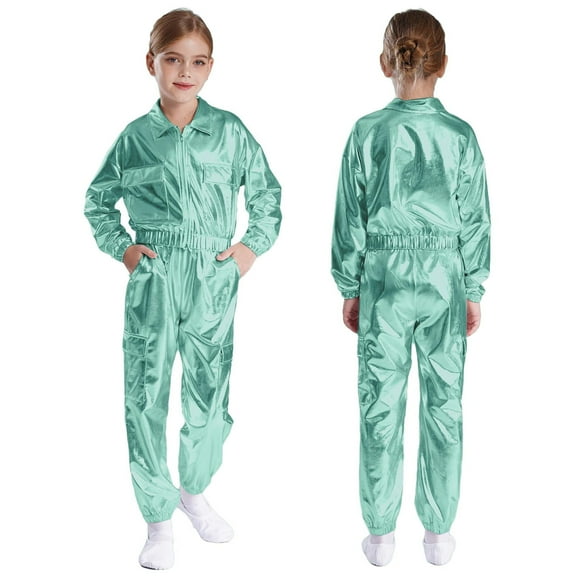 LiiYii Boys Girls Metallic Jazz Hip-Hop Dance Clothes Jacket with Pants Set Dance Show Costume Streetwear Light Green 8