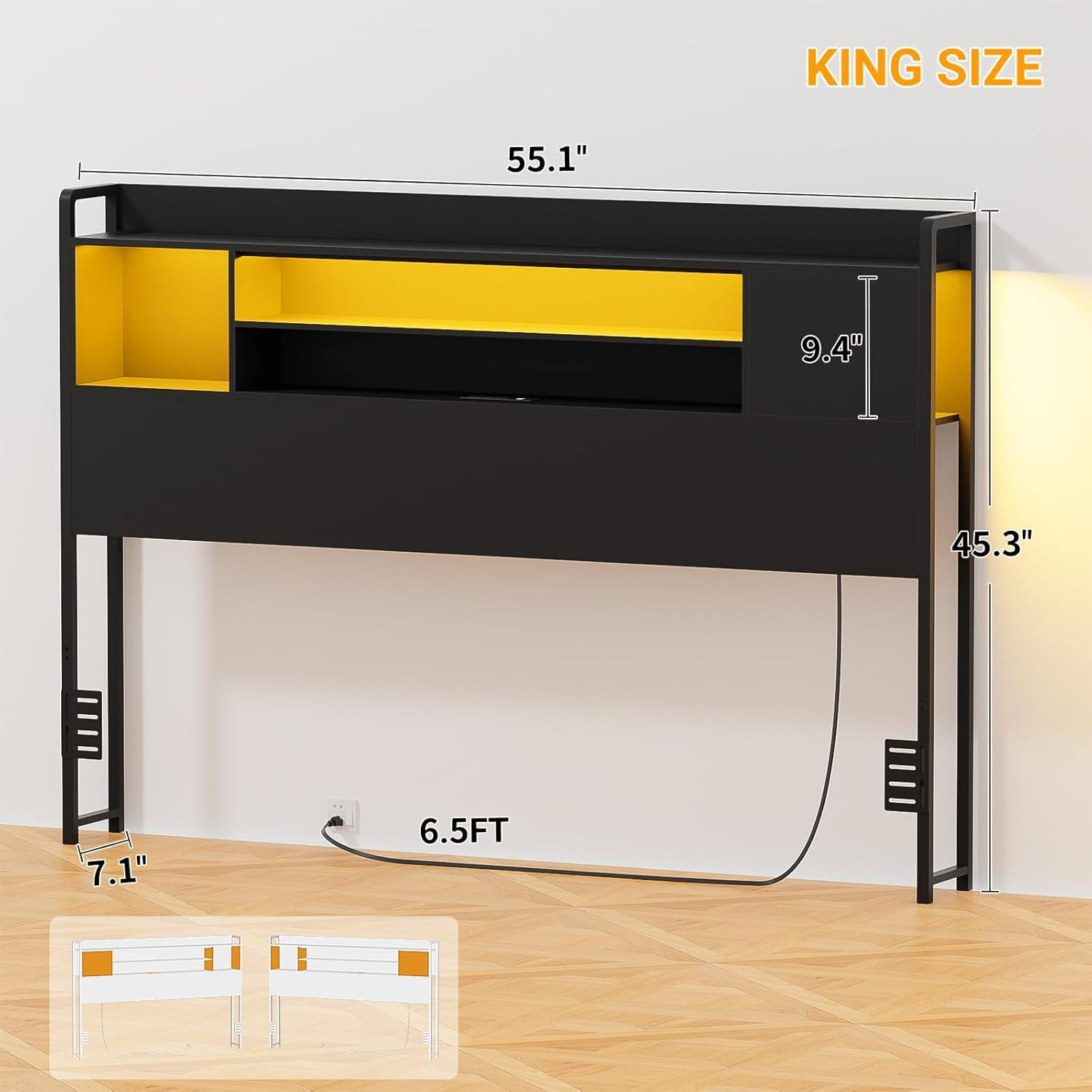 Homieasy Headboard for Full Size Bed, Bookcase Style Head Board with Power Outlet and RGB LED Light, Reversible Headboard with Storage, Height Adjustable, Sturdy and Stable, Black