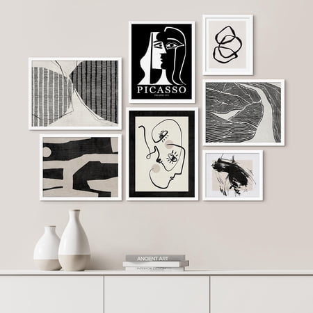 PixonSign Framed Canvas Print Wall Art Set - Black & White Picasso Style Landscape Poster Art - Geometric Print Gallery Set of 7 Abstract Faces Illustrations Digital Art Wall Décor for Home - White
