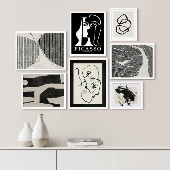 PixonSign Framed Canvas Print Wall Art Set - Black & White Picasso Style Landscape Poster Art - Geometric Print Gallery Set of 7 Abstract Faces Illustrations Digital Art Wall Décor for Home - White
