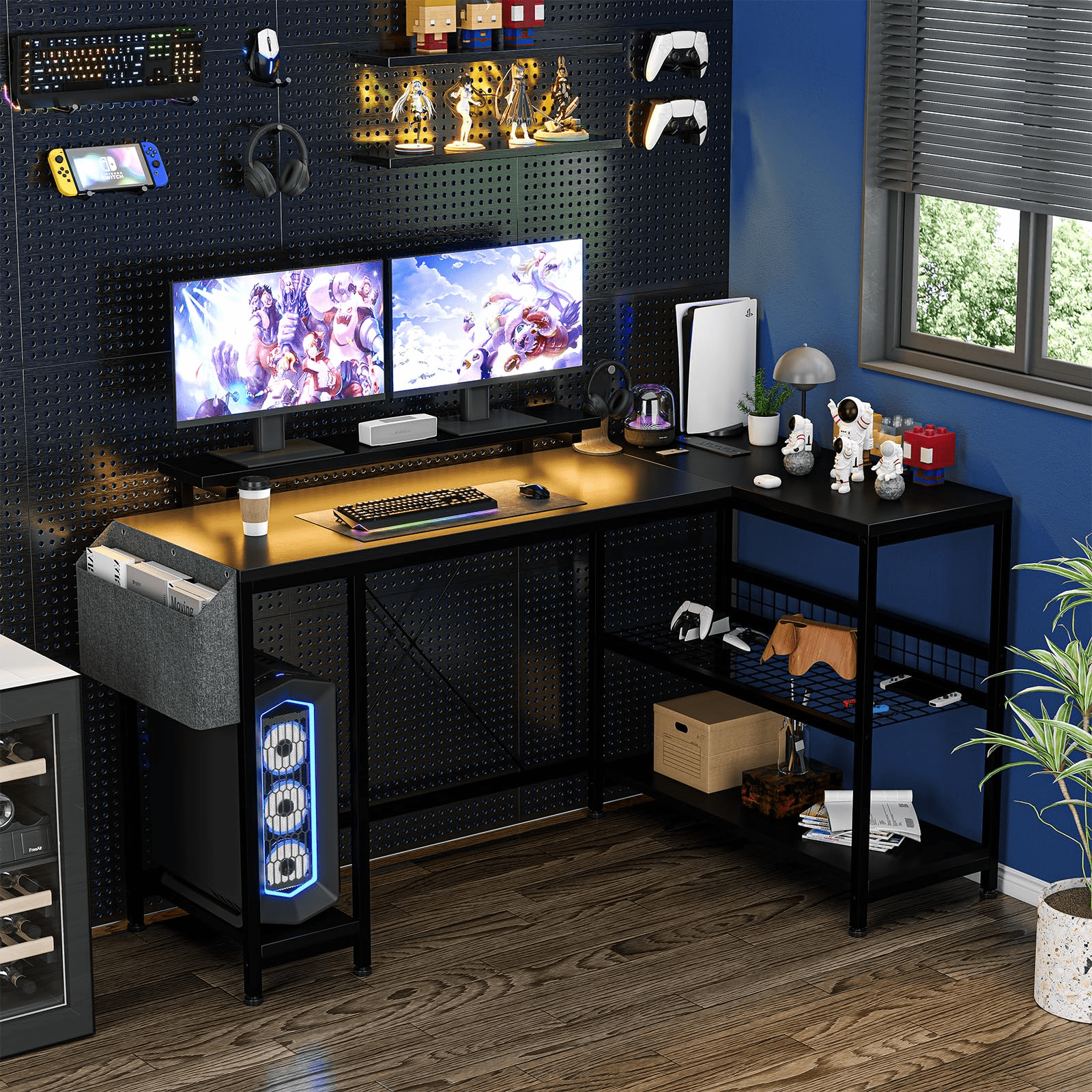 Jojoka 49.6" Reversible L Shaped Computer Gaming Desk with LED Light & Power Outlets, Corner PC Desk with Storage Shelves & Monitor Stand, Home Office Desk, Writing Desk, Workstation, Black