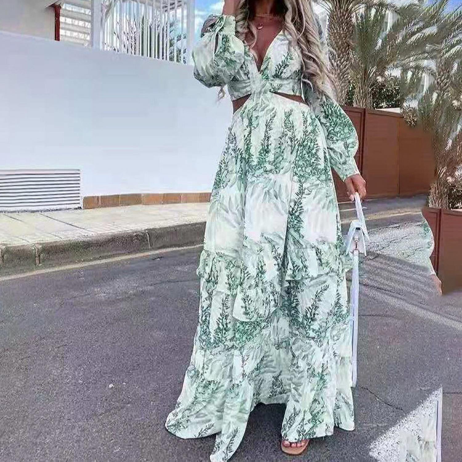 V Neck Cut Out Maxi Long Dress Printed 