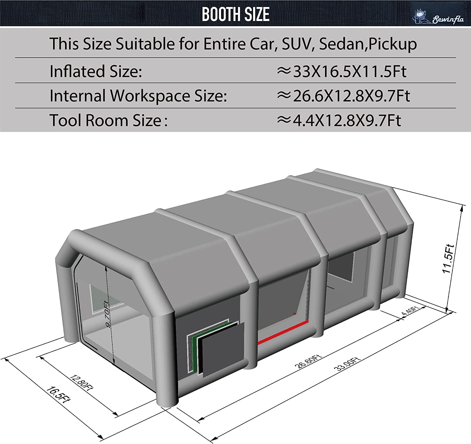 Sewinfla Indoor Inflatable Paint Booth with Air Draft Device 33x16.5x11.5Ft with Blowers