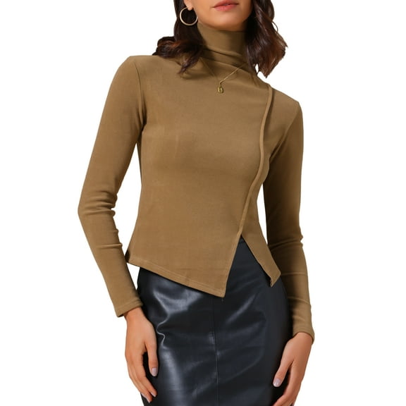 INSPIRE CHIC Women's Turtleneck Knit Top Asymmetric Slim Fit Basic Thermal Shirts S Dark Khaki