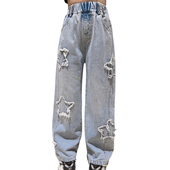 Ruyang Girls Star Patch Jeans Cute Wide Leg Y2K Loose Denim Pants Teens Baggy Elastic High Waist Jeans Preppy Trousers