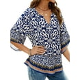 thumbnail image 3 of UVN Womens Summer Blouses Bohemian 3/4 Bell Sleeve Shirts for Women V Neck Flowy Casual Pleated Tops, 3 of 8