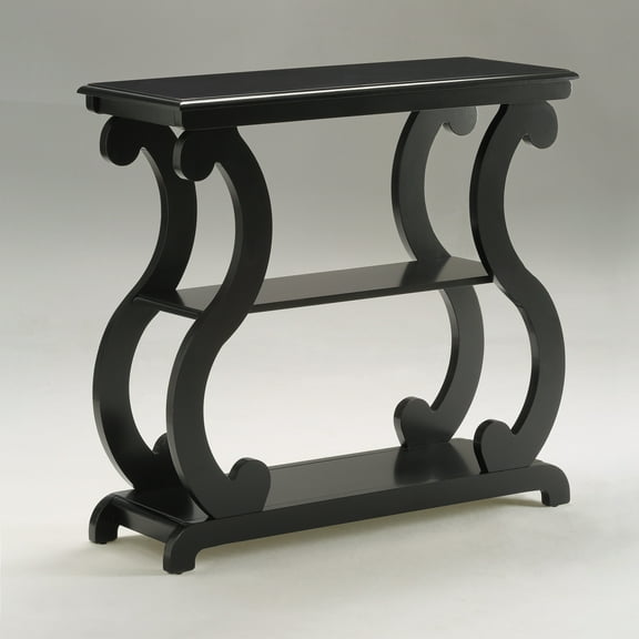 Lucy Console Table Black Distressed Finish, Transitional Style for Any Room, Three Shelves, Curved Legs