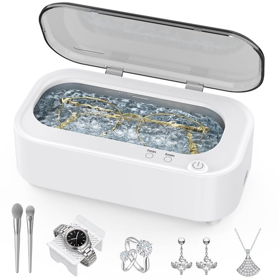 Askmuse Ultrasonic Jewelry Cleaner Machine, Ring Cleaner with Accessory Holder, 48KHz Deep Wash, 12oz 304 SS Tank, Dual Modes for Retainer, Denture, Glasses, Gold, Silver, Diamond Ring, Home Use Gift