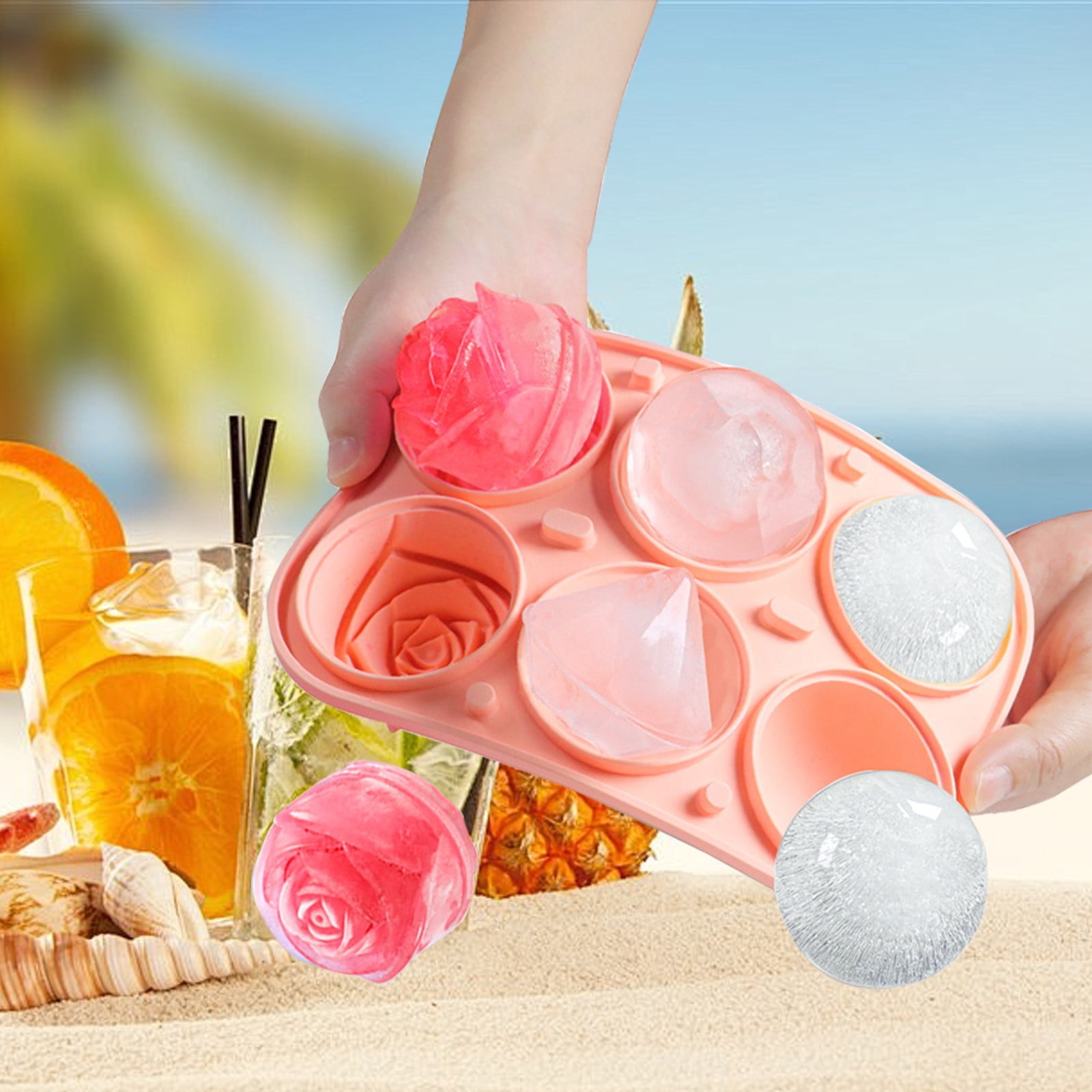 Ice Cube Tray, 6 Cavity Silicone Ice Cube Tray with Lid, 2.6 inch Rose & Sphere Shaped Ice Cube Trays with Covers, Easy Release Ice Ball Maker, Whiskey Ice Ball & Rose Mold for Home Bar, Coffee,Green