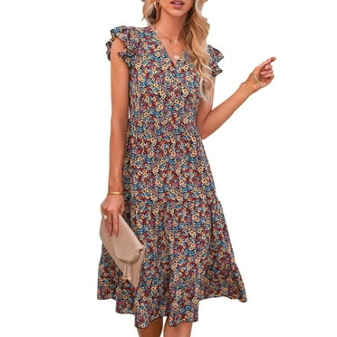 Orange Loose A-Line with Ruffled Short Sleeves for Women Floral V-Neck Summer Dress