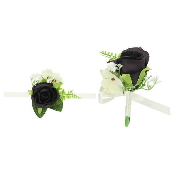 Uxcell 2 Pcs Artificial Rose Wrist Corsage and Boutonnieres Set Wedding Party Black