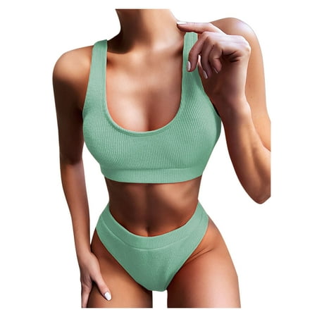Womens Bandeau Bikini Sets Sporty Crop Top High Waisted Swimwear Scoop Neck Solid Color Two Piece Bathing Suits