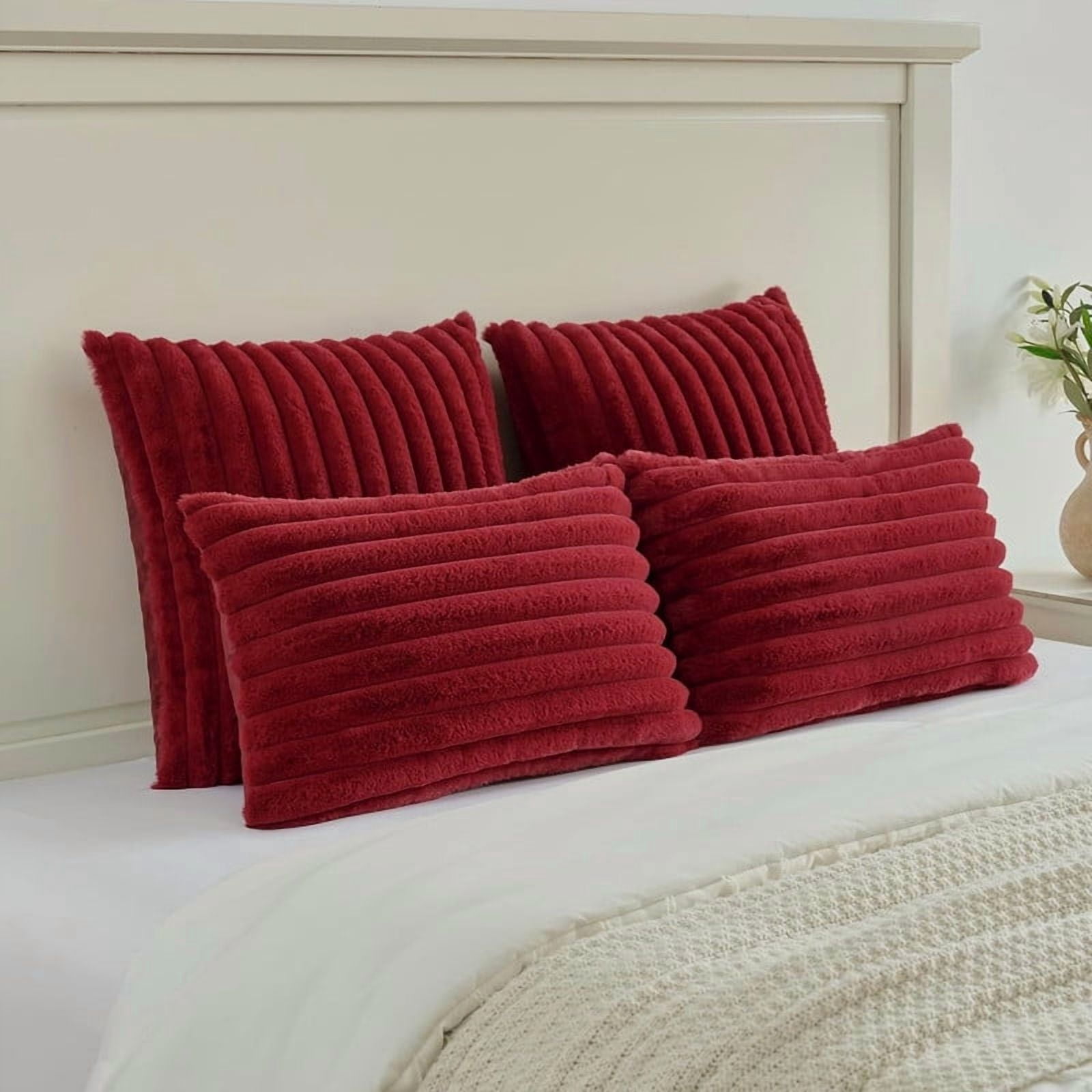 Throw Pillow Covers Decorative Faux Fur Set of 2 22 x 22 Inch Pillow Covers, Soft Wine Red Striped Outdoor Pillowcases for Couch Sofa Bed Living Room, Fluffy Cute Home Boho Accent Fuzzy Decor
