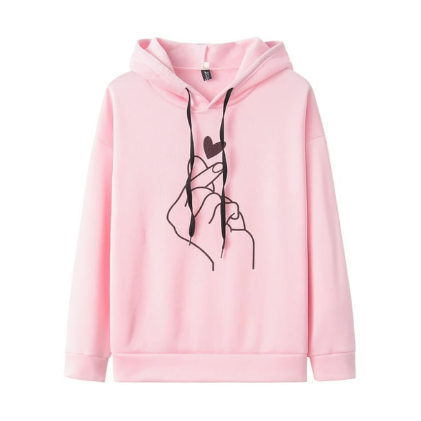 Bellella Ladies Sweatshirt Drawstring Pullover Long Sleeve Hoodies Casual  Heart Print Sweatshirts Sport Jumper Tops Pink XXL