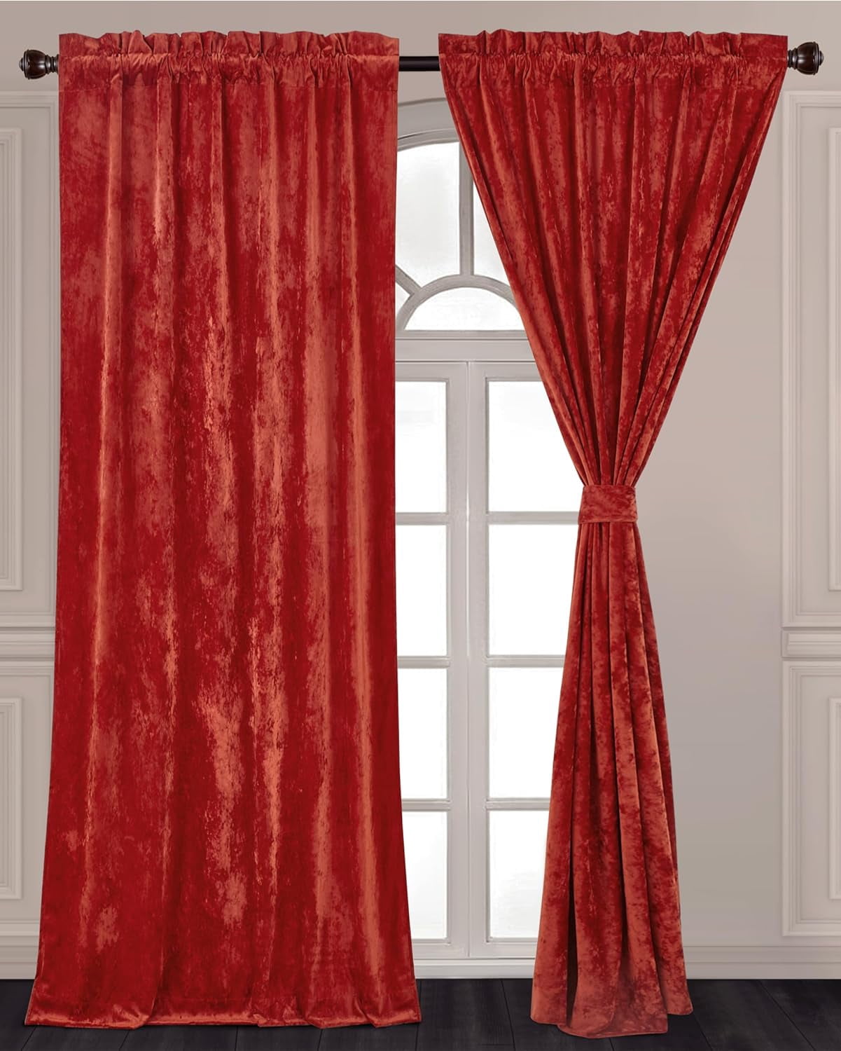 Chezmoi Collection Lux Brick Red Crushed Velvet Curtains 2 Panel Set, Room Darkening Luxury Distressed Velvet Rod Pocket Window Drapes for Living Room Bedroom 50" W x 84" L