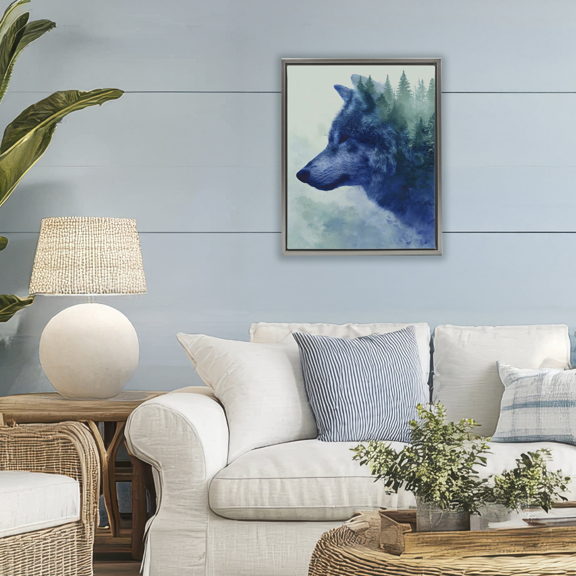 Stupell Industries Indigo Wolf in Misty Pines Gray Framed Floater Canvas Wall Art, design by Franklyn Gregory