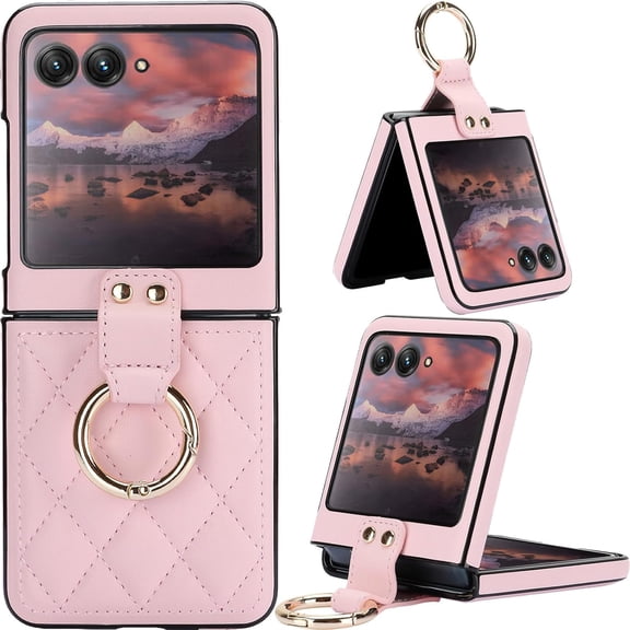 for Motorola Razr Plus 2024/ Razr 5/ Razr Gen 5 Case with Ring Holder, Soft Rhomboid PU Leather [Hinge Protection] Anti-Scratch Shockproof Slim Cover Case for Moto Razr 50 Ultra ZXF-Rose Gold
