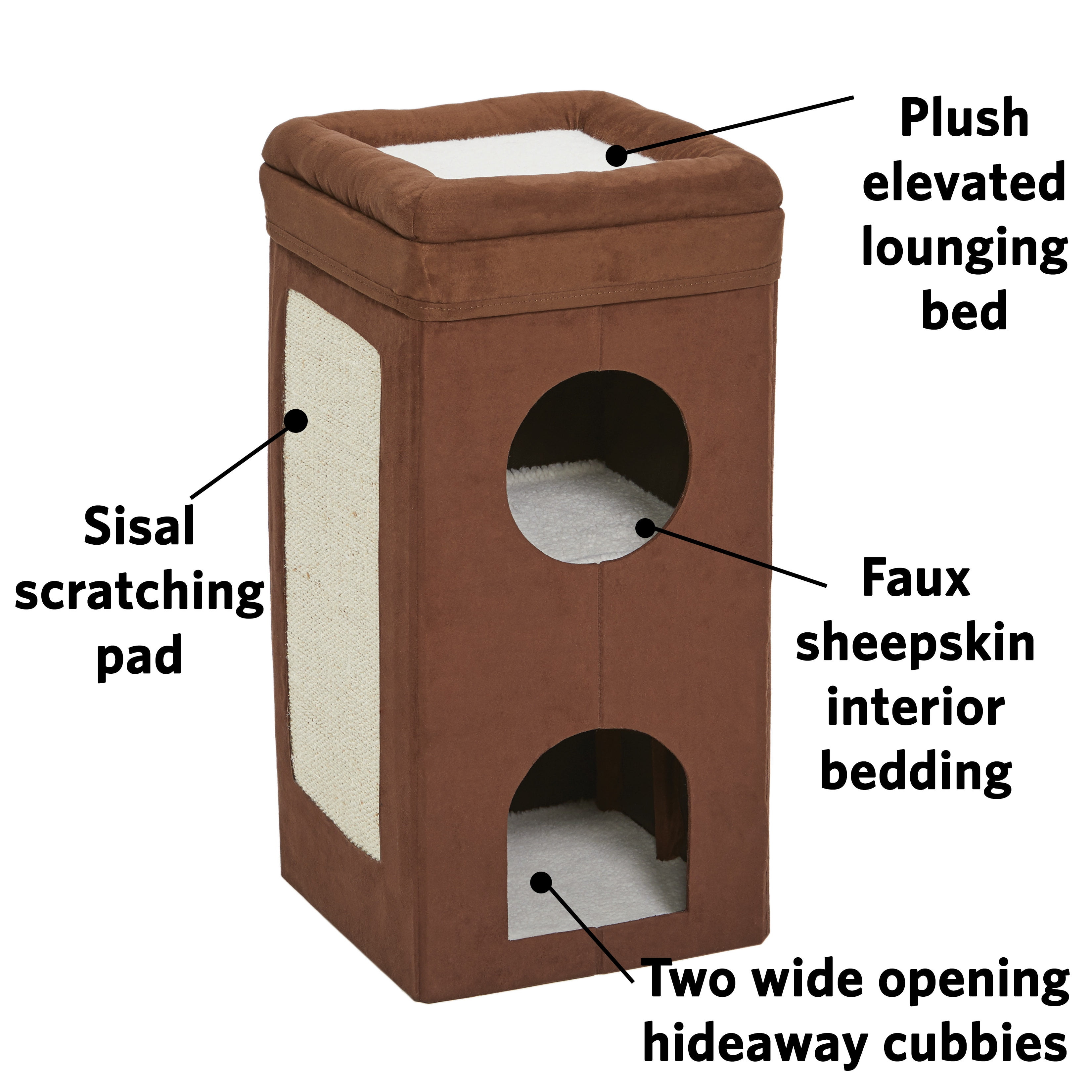 MidWest Homes for Pets, Two Story Curious Cat Condo With Scratching Panel and Two Hideaways, Brown