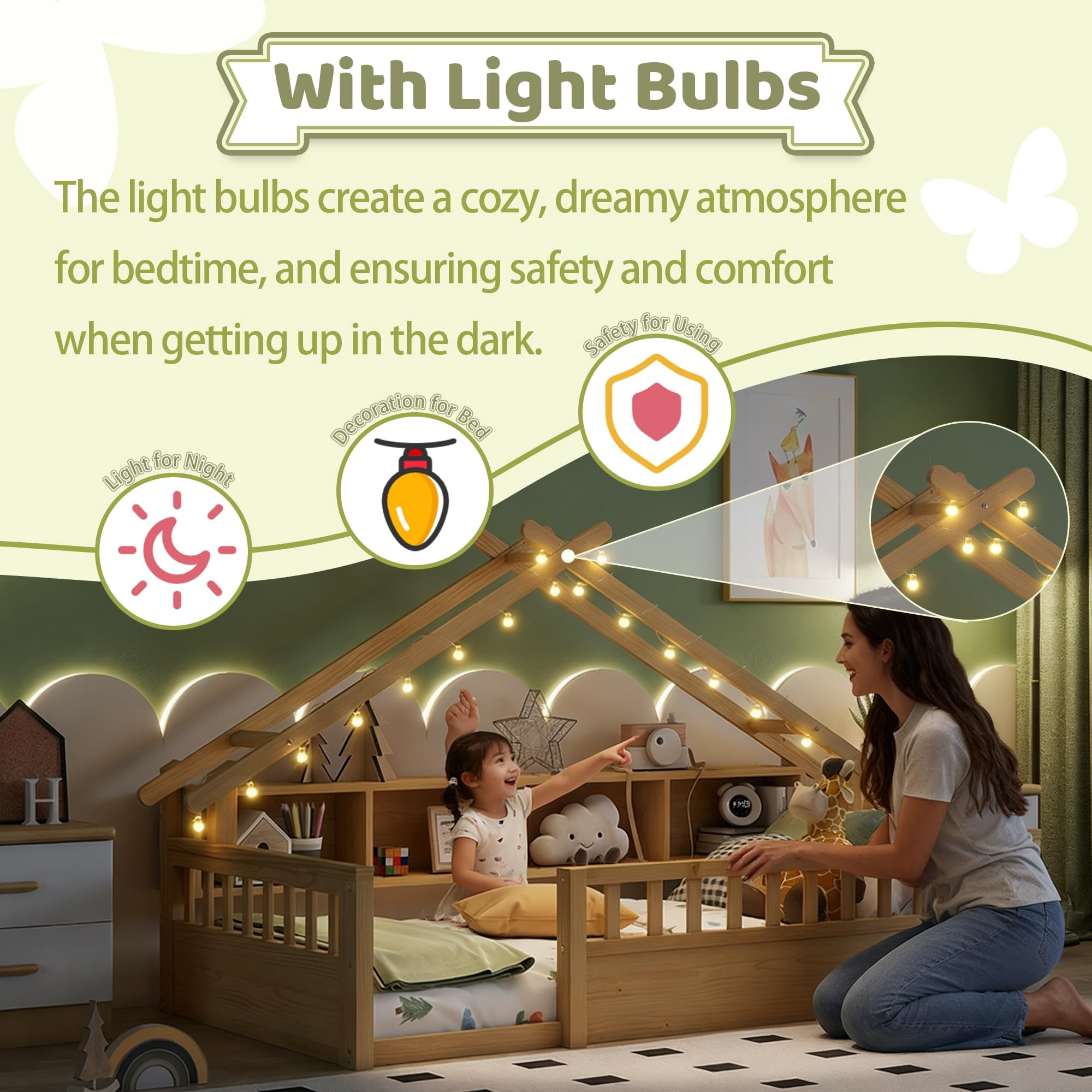 Mirightone Full Size Floor Bed with Storage Bookshelves, Wooden Montessori Bed Frame with Light, Roof Shape & High Safety Rails, Low Profile Beds, No Box Spring Needed, Natural