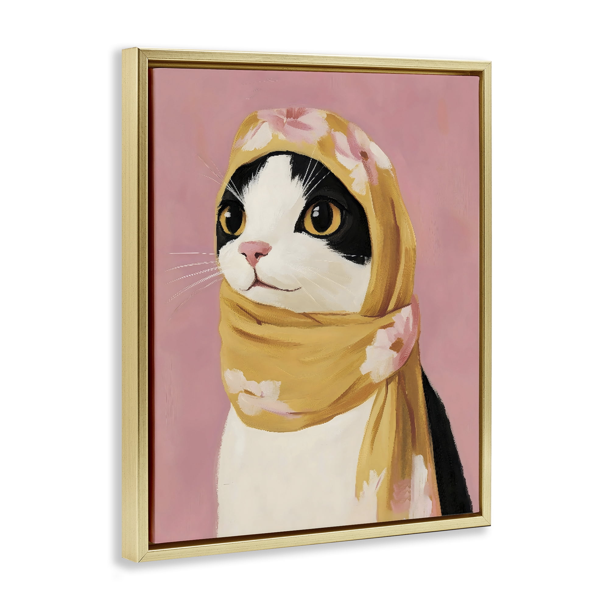 Stupell Industries Cat Babushka in Yellow Scarf Gold Framed Floater Canvas Wall Art, design by The Prints Vibe