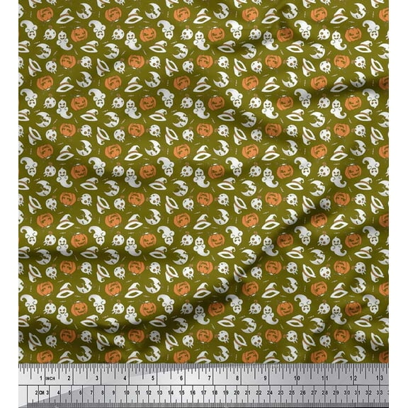 Soimoi Poly Georgette Fabric Witch Hat,Skull & Ghost Halloween Fabric Prints by Yard 42 Inch Wide