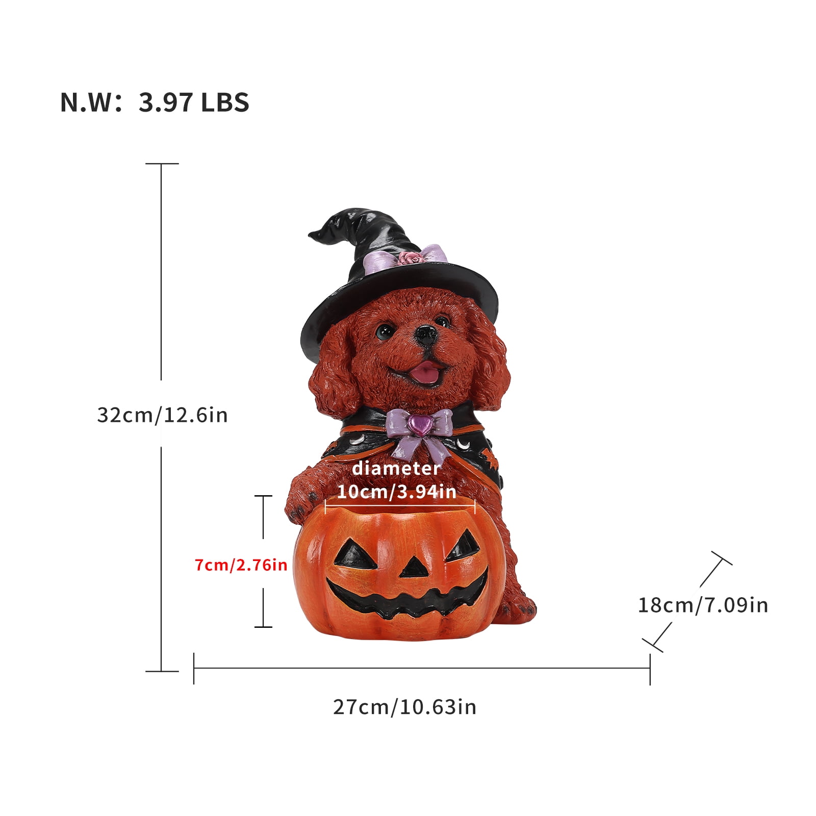 Teddy Dog Figurine 12.6 Inch, Halloween Witch Puppy Statue with Pumpkin Candy Bowl, Cute Dog Decor for Tabletop and Holiday Display, Reddish Brown and Orange-Red