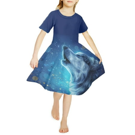 

NETILGEN Glowing Howling Wolf Teen Girl Dresses Trendy for Birthday Party Soft Midi Dress with Sleeves for 3-4 Years Old