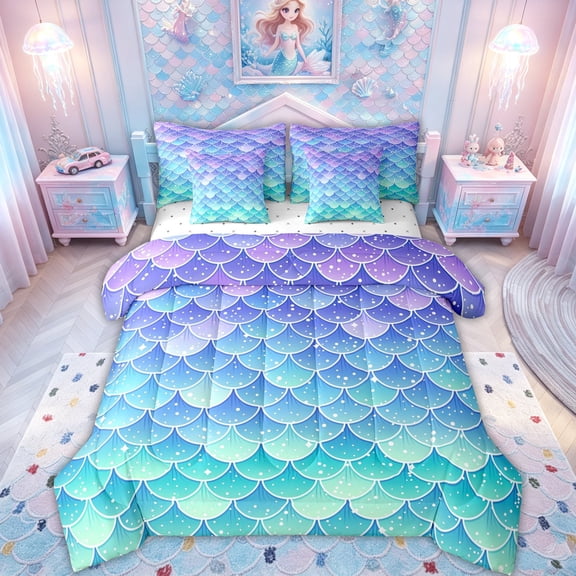 meiyoeat Ombre Sparkle Mermaid Twin Bedding for Girls, Gradient Star Ocean Wildlife Bedding Comforter Set, Blue Purple, Reversible, 7pcs