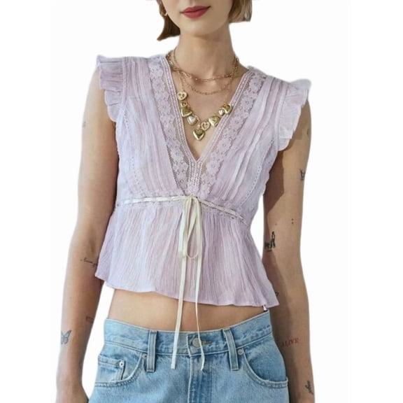 Women Lace Trim Shirts Sleeveless V Neck Flutter Sleeve Tie Front Cropped Tank Tops Slim Fit Tops Light S