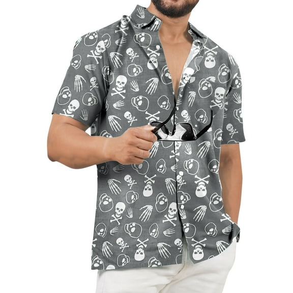 LA LEELA Men's Hawaiian Short Sleeve Summer Caribbean Party Shirt Holiday Halloween Costumes Button Down Shirts for Men M Allover Bones Skull Grey