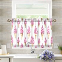 Yayeee Kitchen Curtains Tier Pair Light Filtering 27"x24" Rod Pocket Short Cafe Window Panel, Pink Cartoon Ice Cream