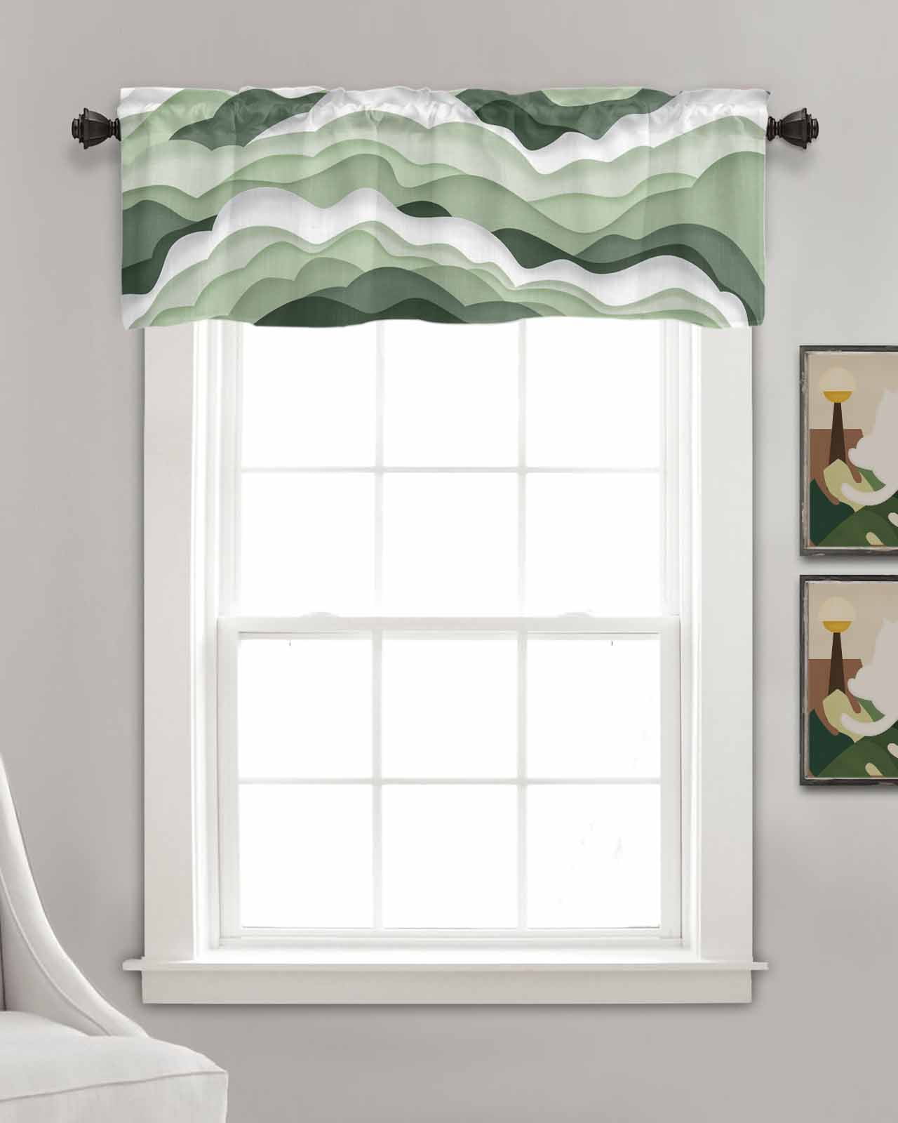 Sage Green Linen Curtain Valance for Bedroom/Bathroom/Kitchen/Office/Living/Dining Room Window,Coastal Ocean Geometric Abstract Wave White Pocket Topper Drapes Decorative Cafe Drapery Panel 54"x18"