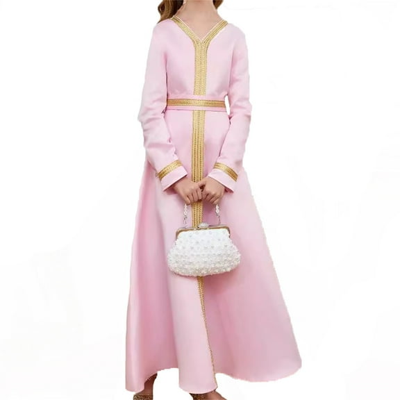 Tiweut Leisure Dresses for Girls Kids Abaya Long Sleeve Round Neck Maxi Arabic Relaxed Fit Dress for Girl 10-11 Y