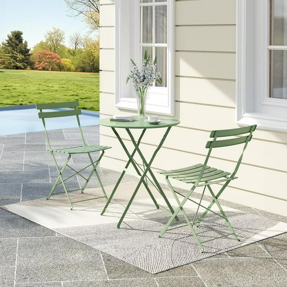 GAOMON 3-Piece Folding Bistro Set,Steel Patio Bistro Set, Folding Outdoor Patio Furniture Sets, 3 Piece Patio Set of Foldable Patio Table and Chairs,Green