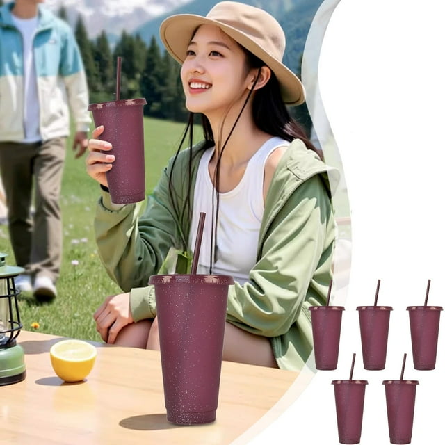 Kieccall 710ml Glitter Tumbler Set 5 Pack Plastic Straw Cups For Home Office Iced Coffee Fruit Tea Serving