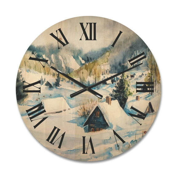 Designart 'Winter In Mountain Village' Traditional Wood Wall Clock