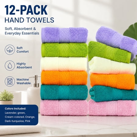 Ultra Soft 100% Cotton Hand Towels 12 Pack, 6 Colors, 13 x 29 Inches, Absorbent & Durable Family Towel Set