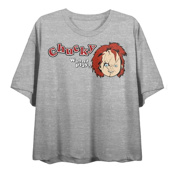 Chucky Wanna Play Crew Neck Short Sleeve Heather Gray Women's Crop Top-Large