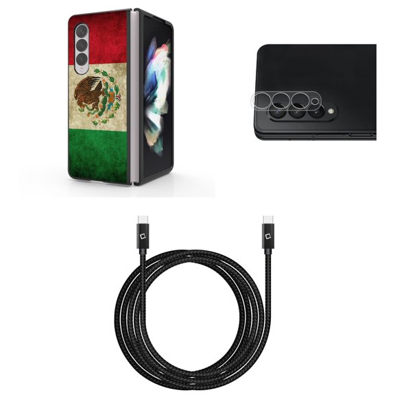 Accessory Bundle for Galaxy Z Fold 4: Slim Snap-On Case (Vintage Mexico Flag), Rear Camera Glass Protector, Nylon Braided USB-C to USB-C Cable (4 Feet)