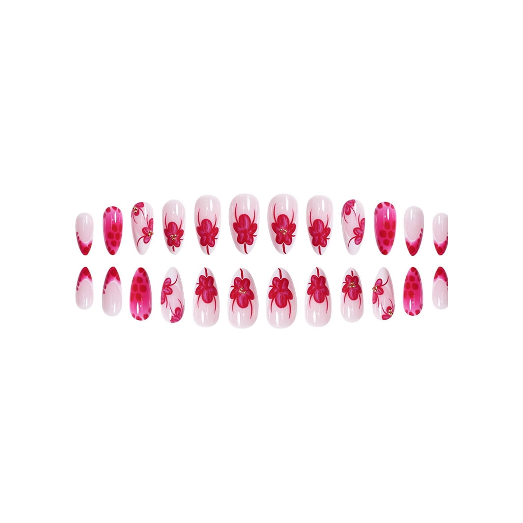 Cross-border hot sale almond fake nails fashion spice girl red flower broken diamond embellishment wearing nail piece finished product wholesale
