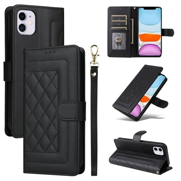 Compatible with iPhone 11 Case, Premium Leather iPhone 11 Wallet Book Case Magnetic Flip RFID Blocking Credit Card Holder Kickstand with Wrist Strap Shock Absorbing Case, Black