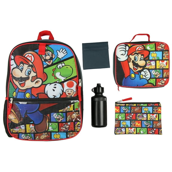 Nintendo Backpack Super Mario 5 PC Shimmer Character 16" Lunch Box Combo Set